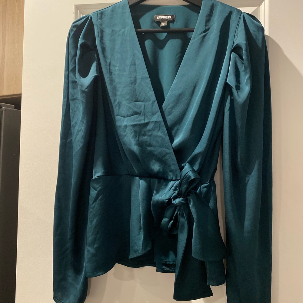 Express Silky Jewel Tone Puff Shoulder Blouse